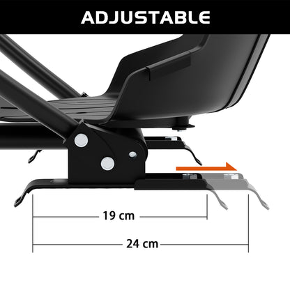 Illustration showing the adjustable range of the seat in a RIDEO Hoverboard Go-Kart A4 Black, highlighting the versatility of the kart with seat adjustments from 19 cm to 24 cm.