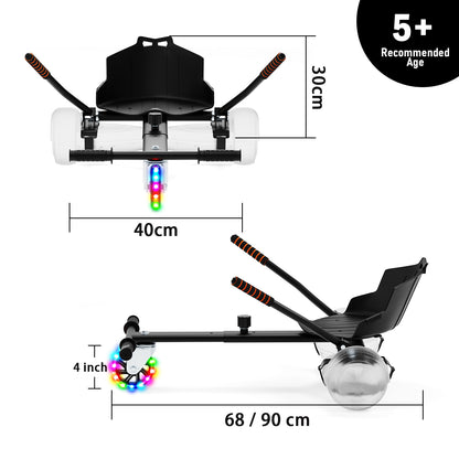 Graphic displaying the key dimensions of the RIDEO A4 Black Hoverboard Go-Kart, highlighting a length adjustment from 68 to 90 cm and other vital measurements.