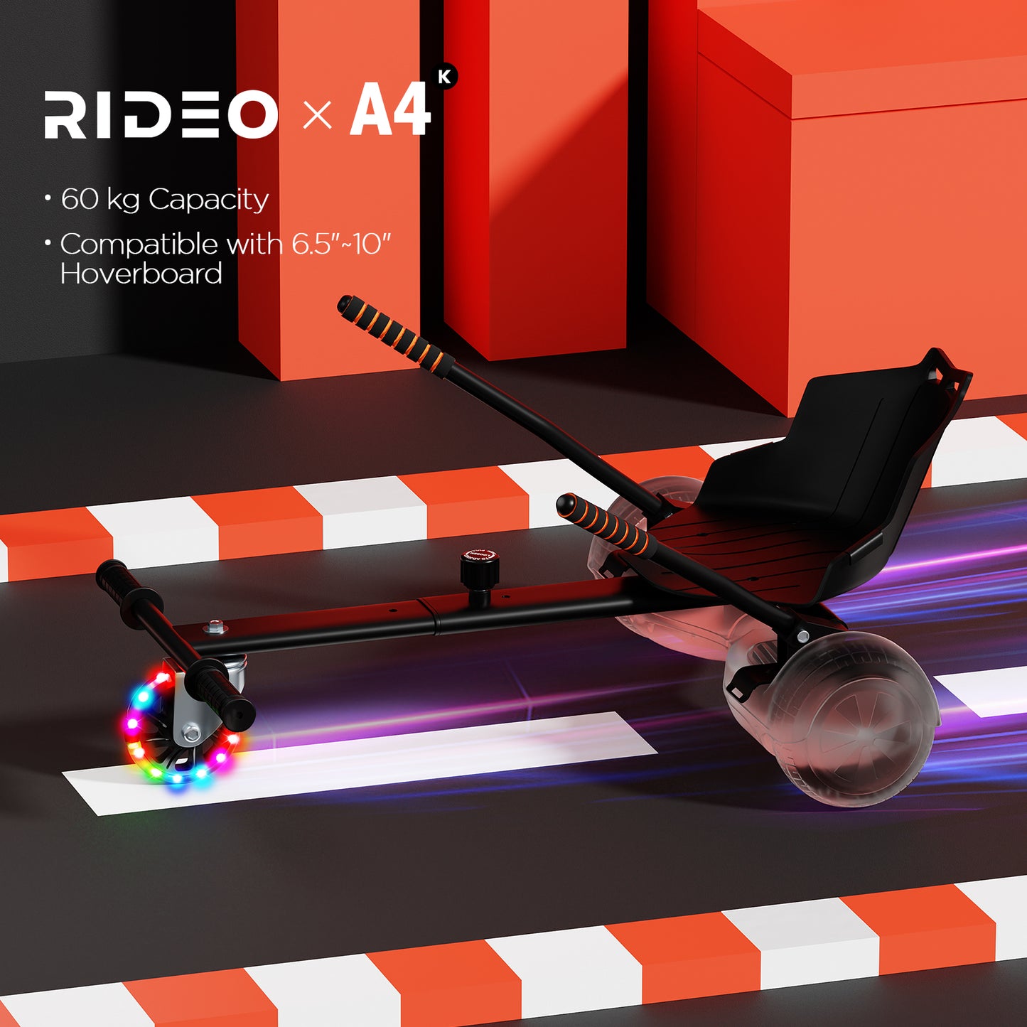 Dynamic scene of the RIDEO A4 Black Hoverboard Go-Kart showcasing its compatibility with 6.5” to 10” hoverboards, designed for a maximum load of 60 kg.