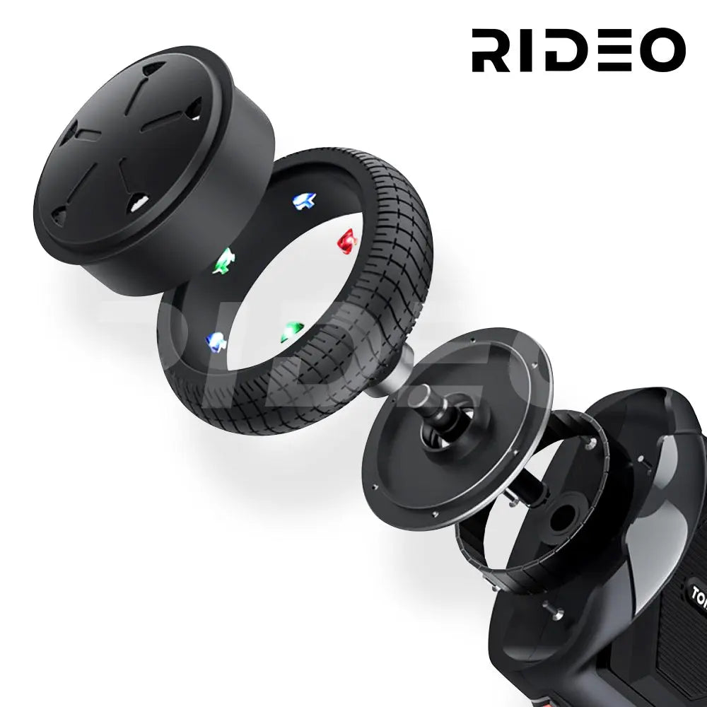 Exploded view of the RIDEO Q3c Self Balance Scooter motor, highlighting the advanced technology used in the hoverboard's wheel assembly for efficient performance