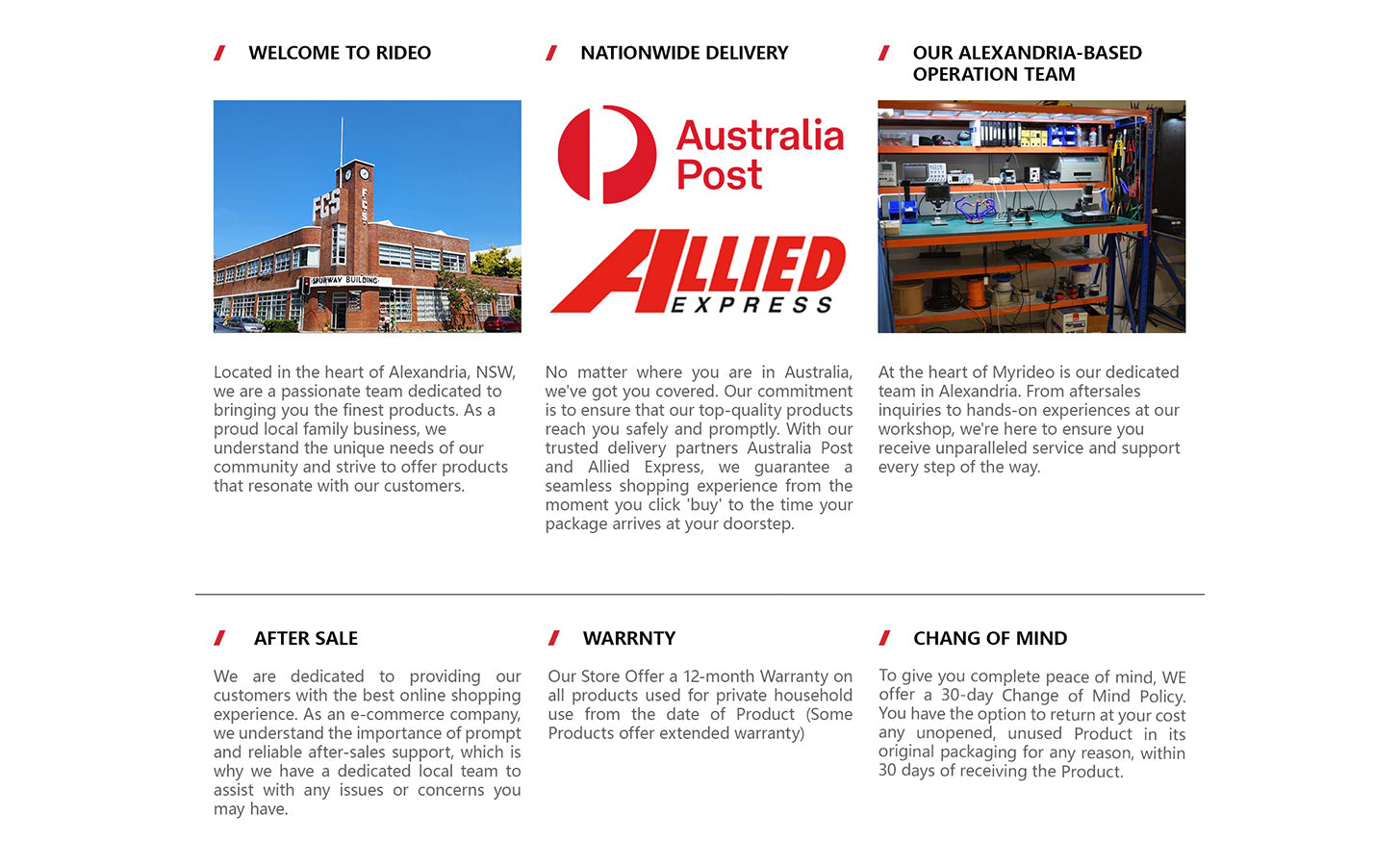 A promotional image including multiple sections about the benefits of purchasing from the company, like nationwide delivery, local operation team, after-sales service, and warranty details.