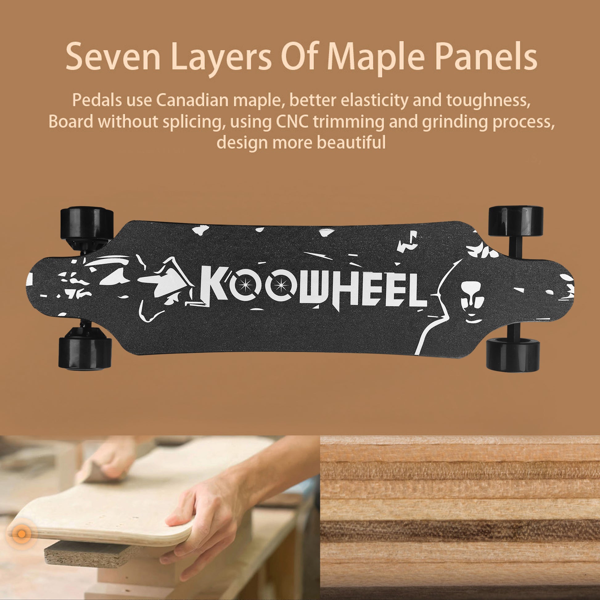 Display of electric skateboard showing its Canadian maple construction layers and manufacturing process.