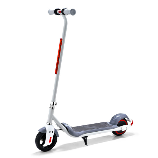 Side view of a sleek white electric scooter with red accents on the handle grips and wheel rims, showcasing a minimalistic design.