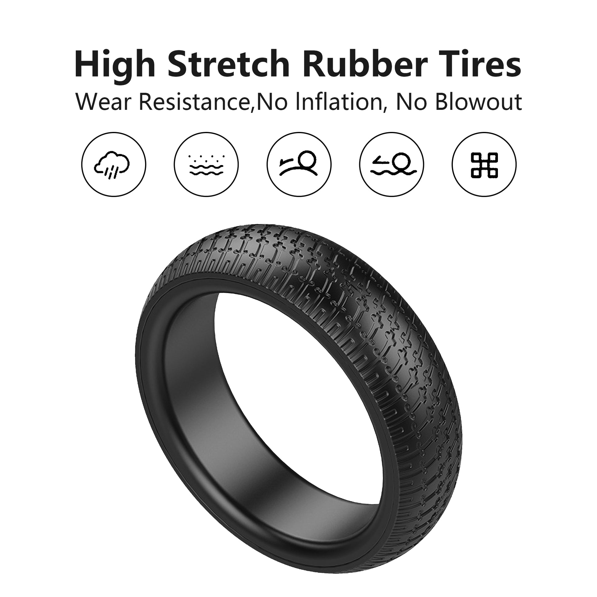 Detailed image of the black high-stretch rubber tires on the electric scooter, emphasizing their wear resistance and no-inflation features.