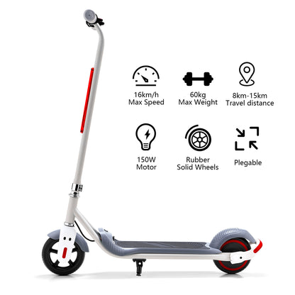 Informational graphic showing key features of the electric scooter such as maximum speed, weight capacity, travel distance, motor power, and wheel type.