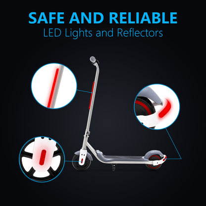 Detailed image showing the safety features of the white electric scooter, including LED lights and reflectors for increased visibility.