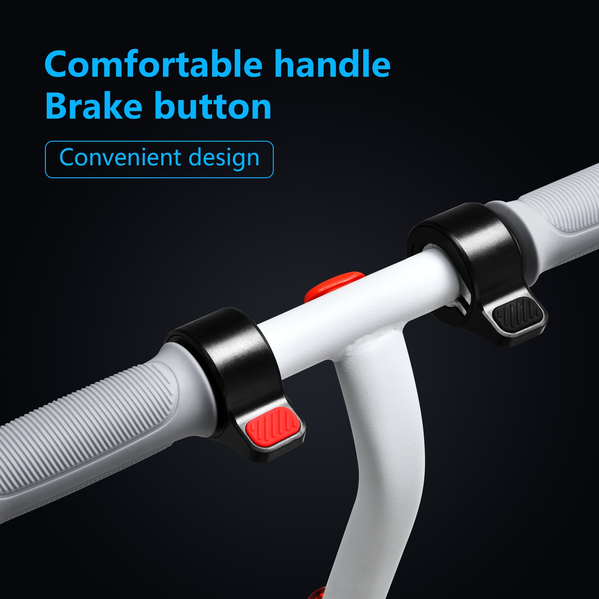 Close-up of the handlebar area on the electric scooter, focusing on the comfortable grip, brake button, and overall ergonomic design.