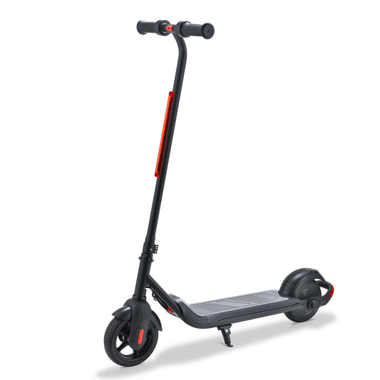 A close-up image of a BLACK electric scooter, focusing on the front wheel and the lower deck area. Features include a streamlined design and a front mudguard.