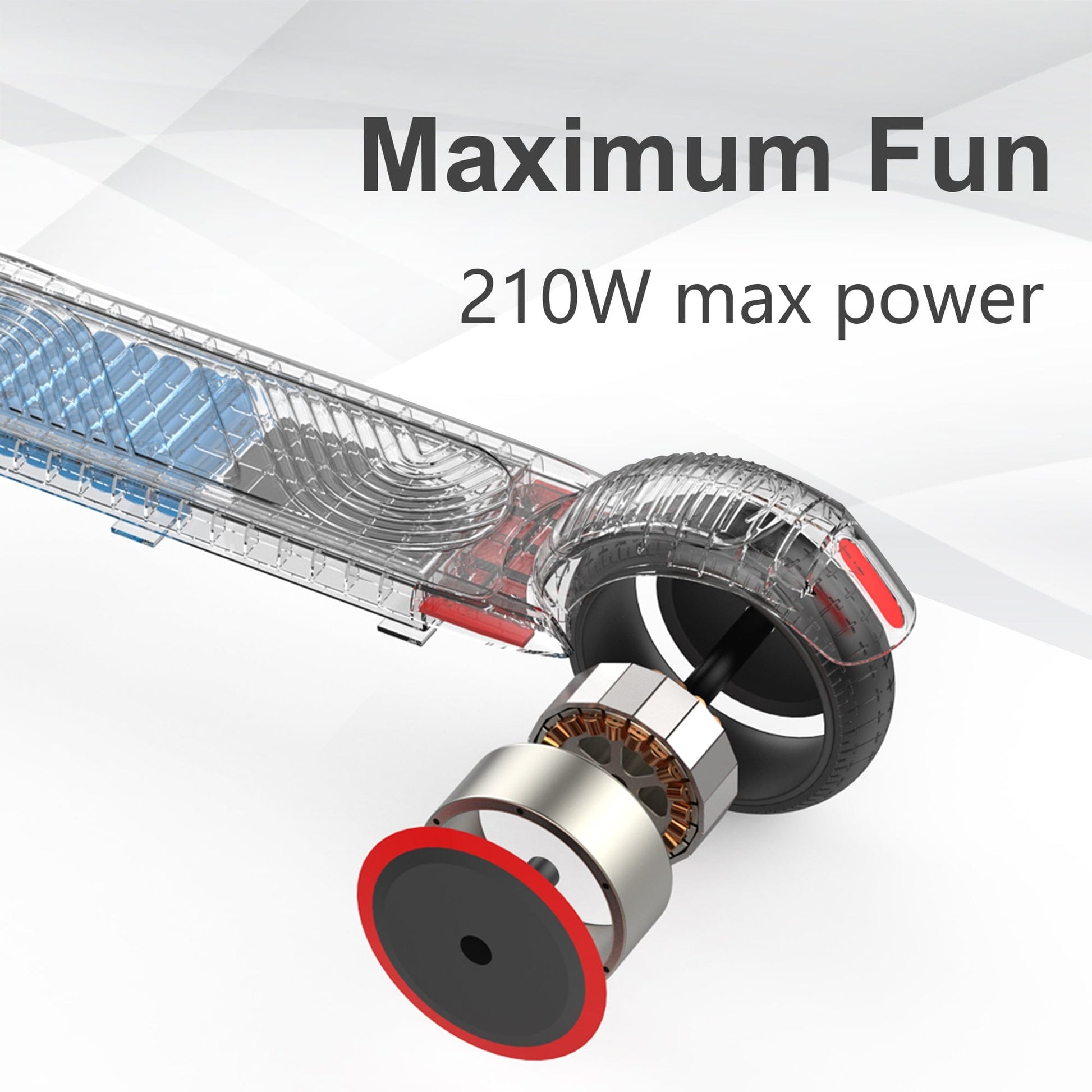 A detailed view of the internal mechanism of an electric scooter, focusing on the motor and rear wheel, highlighting its 210W maximum power capability.