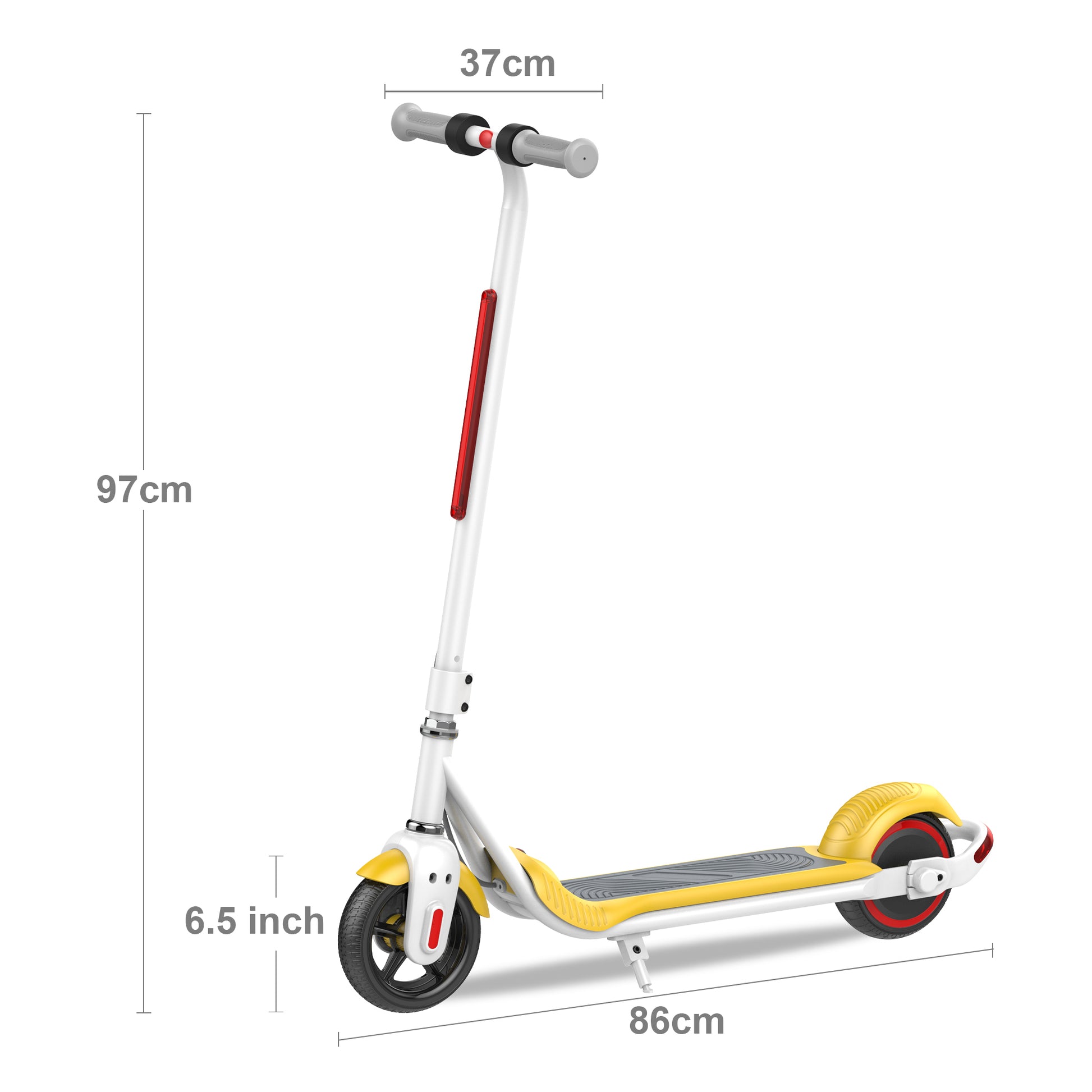 A product image showing the dimensions of a yellow and white electric scooter, detailing the height, handlebar width, and overall length.