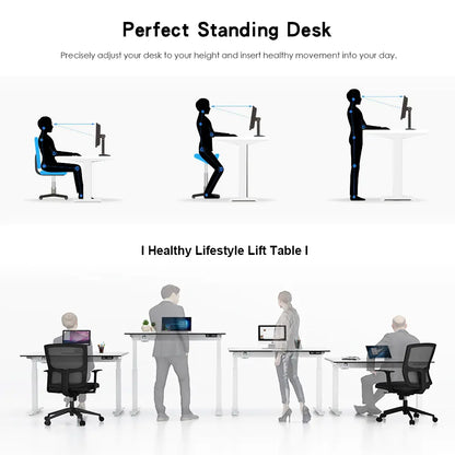 An infographic showing the health benefits of a black motorized standing desk, with blue silhouettes demonstrating sitting and standing positions.