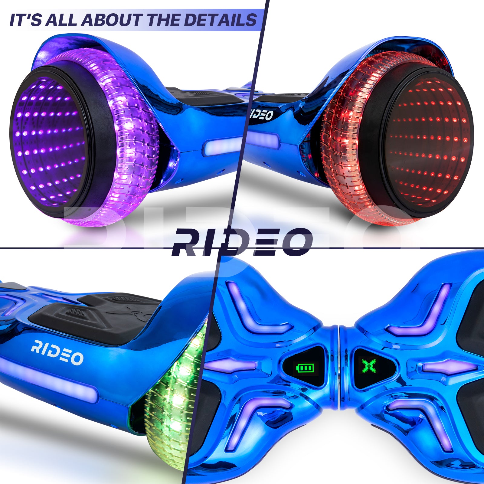 Detailed split image showcasing different features of the hoverboard like the textured footpads, LED wheel lights in multiple colors, and sleek design.