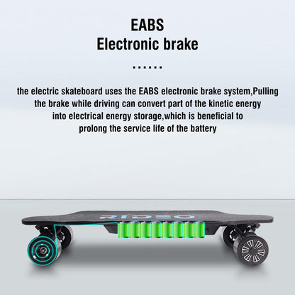 An illustration of the electronic braking system (EABS) of the skateboard, highlighting energy conversion and battery life enhancement.