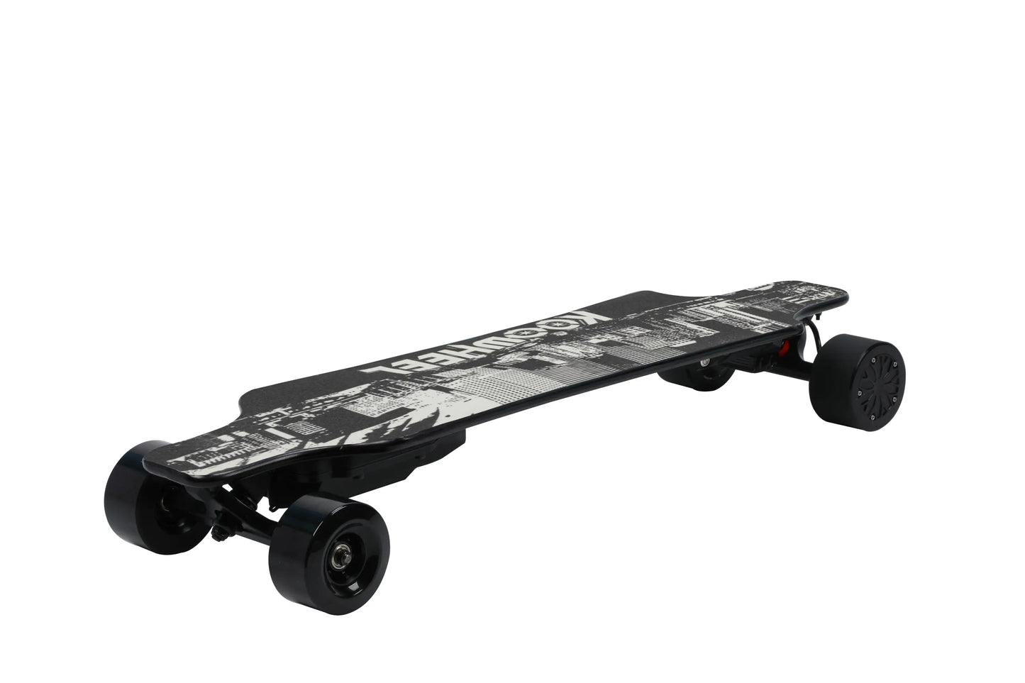 Side View of Skateboard on White Background: Image presenting a side view of the Koowheel Electric Skateboard placed against a white background, emphasizing the board's length and wheel design.