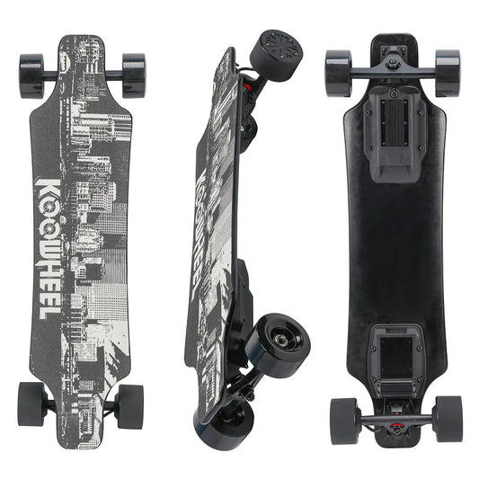 op-Down View of Koowheel D4 Electric Skateboard: Image showing the top-down view of the Koowheel D4 Electric Skateboard, highlighting its sleek design and urban graphics.Angled Front View of Skateboard: Image displaying the angled front view of the Koowheel D4, focusing on the wheels and board texture.Underside View of Skateboard: Image showing the underside of the Koowheel D4 Electric Skateboard, illustrating the battery and mechanical details.