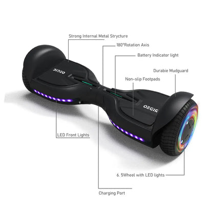 A detailed diagram of a Rideo hoverboard showcasing its key features, including LED front lights, non-slip footpads, durable mudguard, and strong internal metal structure, highlighting its safety and durability.