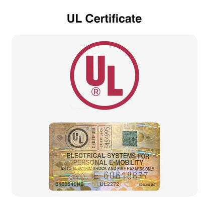 Image of the UL certification label, showcasing that Rideo hoverboards meet strict safety standards for electrical systems and personal e-mobility, ensuring rider protection against electric shock and fire hazards.