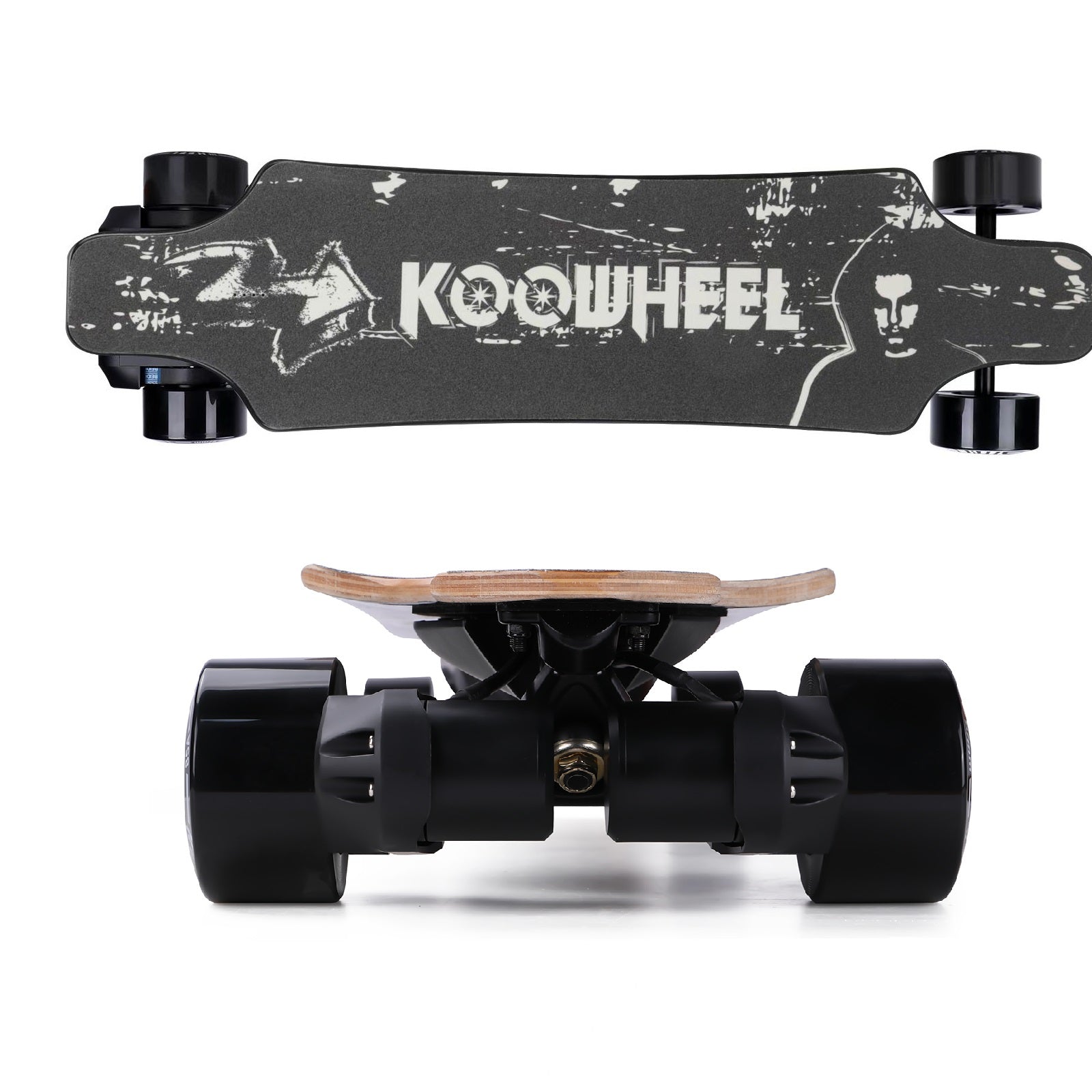 Full side view of a Koowheel electric skateboard, highlighting the sleek design of its frame and the large, all-terrain wheels attached to a precision-engineered truck system.