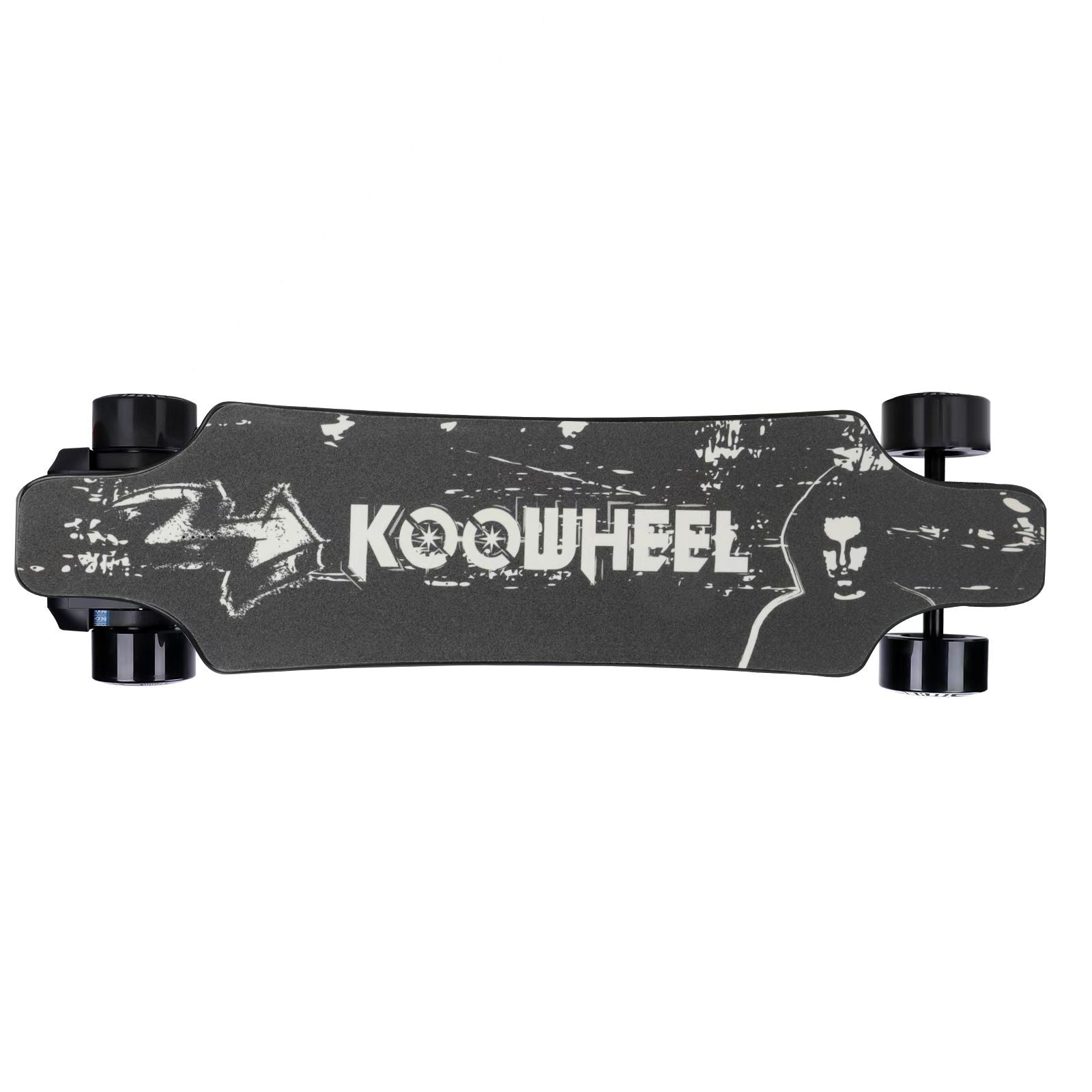 Top-down and side view of a Koowheel electric skateboard set against a white background, focusing on the skateboard’s artistic graphics and functional design with a clear view of the wheel and axle assembly.