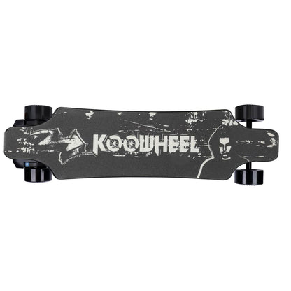 Top-down and side view of a Koowheel electric skateboard set against a white background, focusing on the skateboard’s artistic graphics and functional design with a clear view of the wheel and axle assembly.