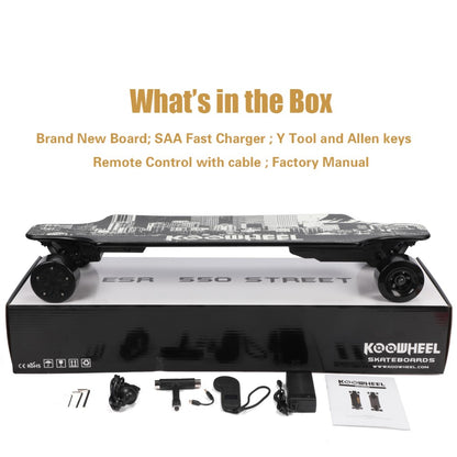 Box and Accessories: Image showing the Koowheel Electric Skateboard with its box and included accessories like charger and remote control.