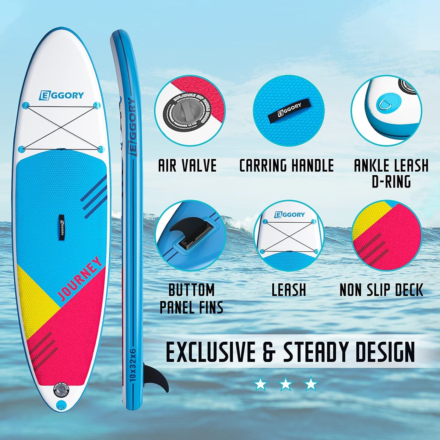  5: "Overview of paddle board design showing air valve, carrying handle, ankle leash D-ring, and non-slip deck."