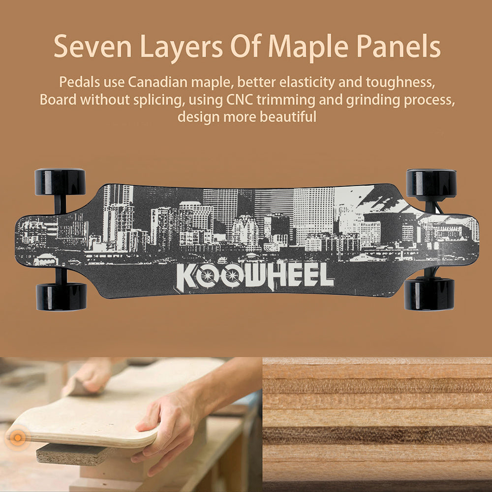 Ad for Maple Panel Layers: Image of an advertisement describing the seven layers of Canadian maple panels used in Koowheel skateboards, showcasing the craftsmanship.