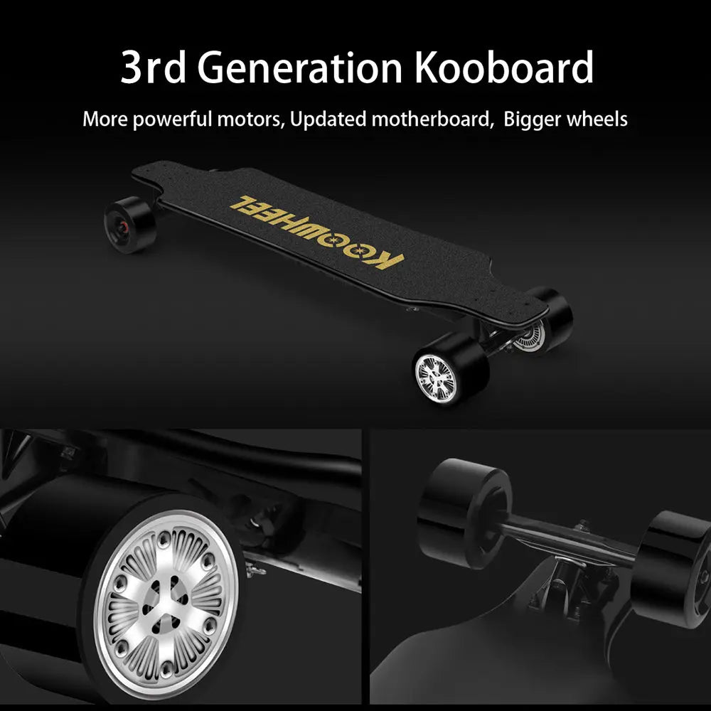 Koowheel longboard with replaceable battery: A side view of the Koowheel longboard showing its sleek design and focus on the replaceable battery feature.