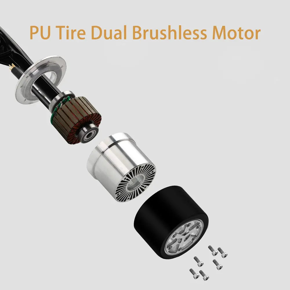 Components of Koowheel longboard: Close-up views of the dual brushless motors and other technical components of the Koowheel longboard.