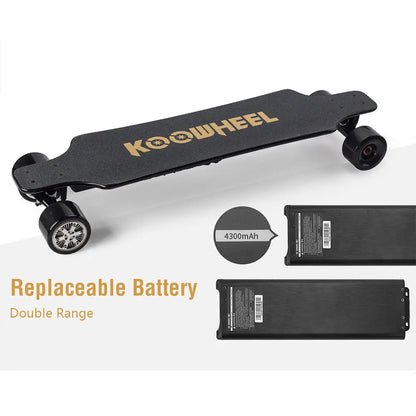 Koowheel longboard with replaceable battery: A side view of the Koowheel longboard showing its sleek design and focus on the replaceable battery feature.