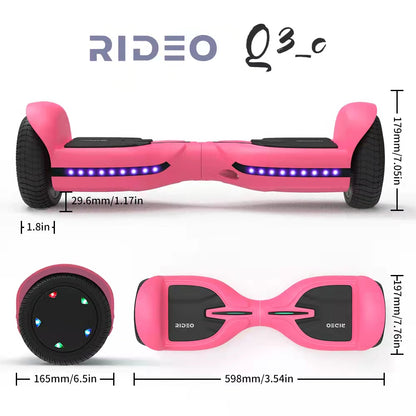 The image shows a vibrant pink RIDEO Q3_C hoverboard from various angles, emphasizing its sleek and modern design. The hoverboard features illuminating blue LED lights along the sides and a compact form factor, with detailed measurements provided for height, width, and wheel size. This model combines functionality with a stylish appeal, making it attractive to a youthful and trendy demographic.