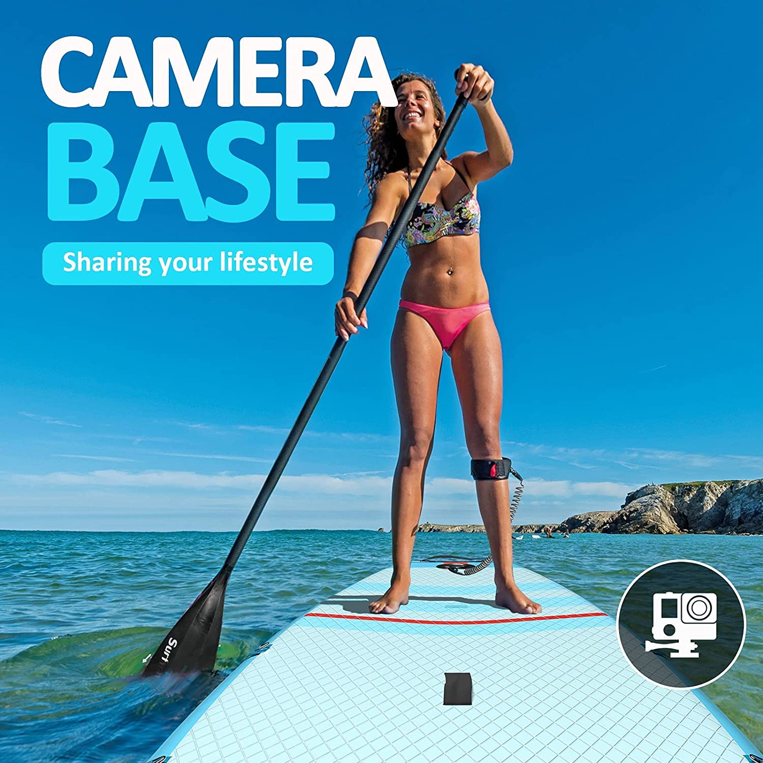 "Complete paddle board set including the board, paddle, pump, and accessories displayed with a woman standing beside it."