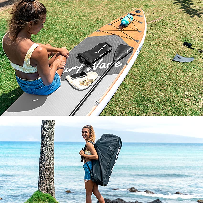 SUP Setup and Packing: Image showing a woman preparing her SurfWave paddleboard on a beach, next to a dry bag, paddle, and hand pump, with another image of her carrying the board in a bag.